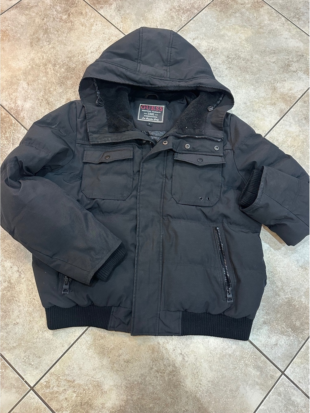 Y2K Guess Black Hooded Puffer Jacket XL